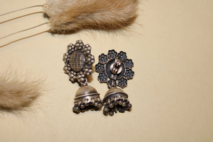 Floral Grid Silver Jhumka Earrings