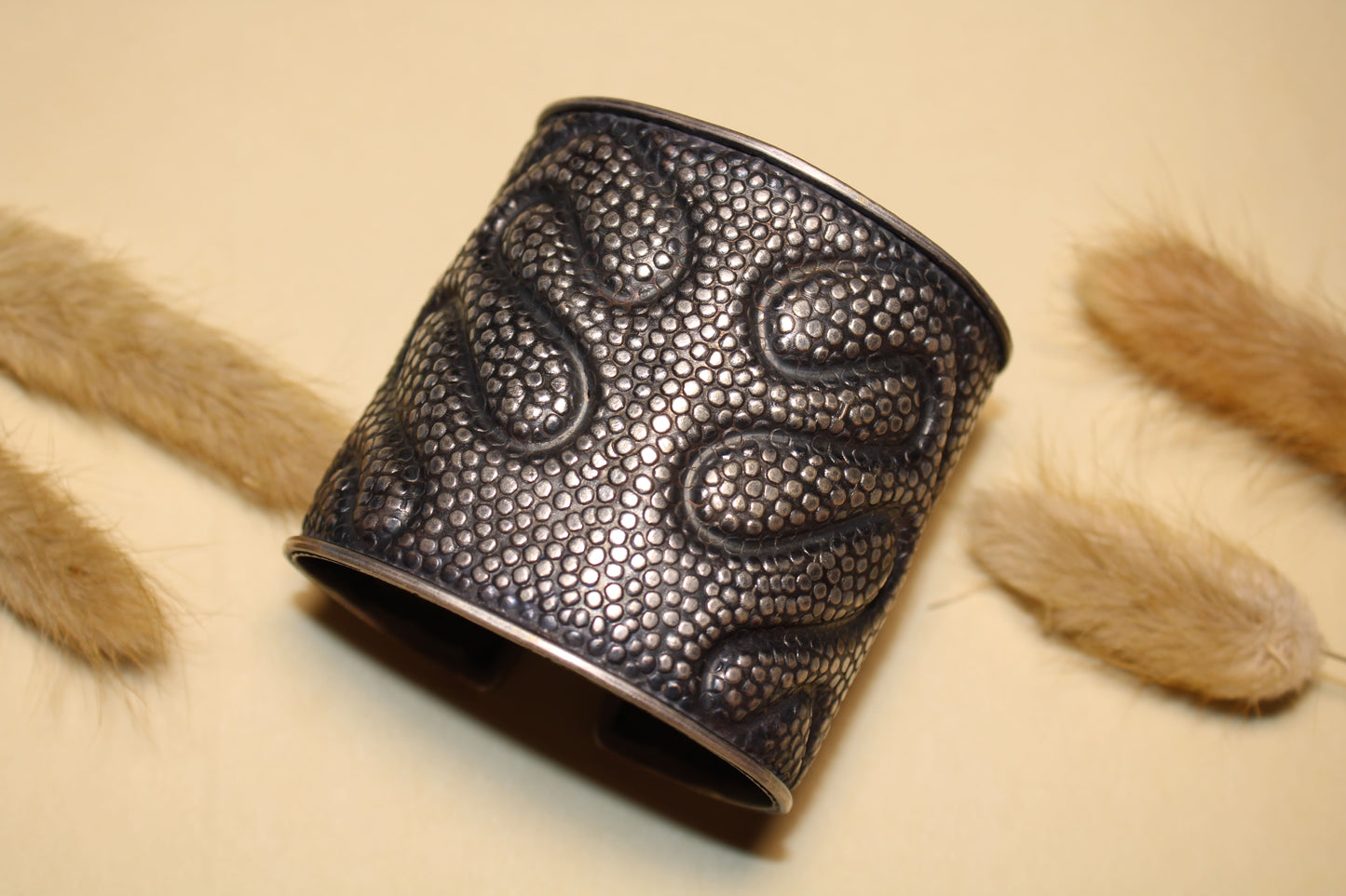 Textured Wide Band Silver Bracelet