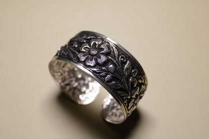 Floral Carved Silver Cuff Bracelet