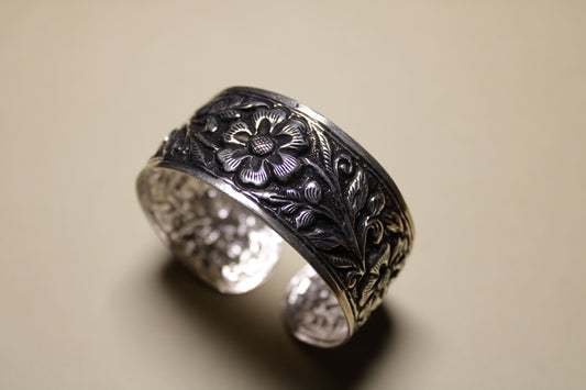 Floral Carved Silver Cuff Bracelet