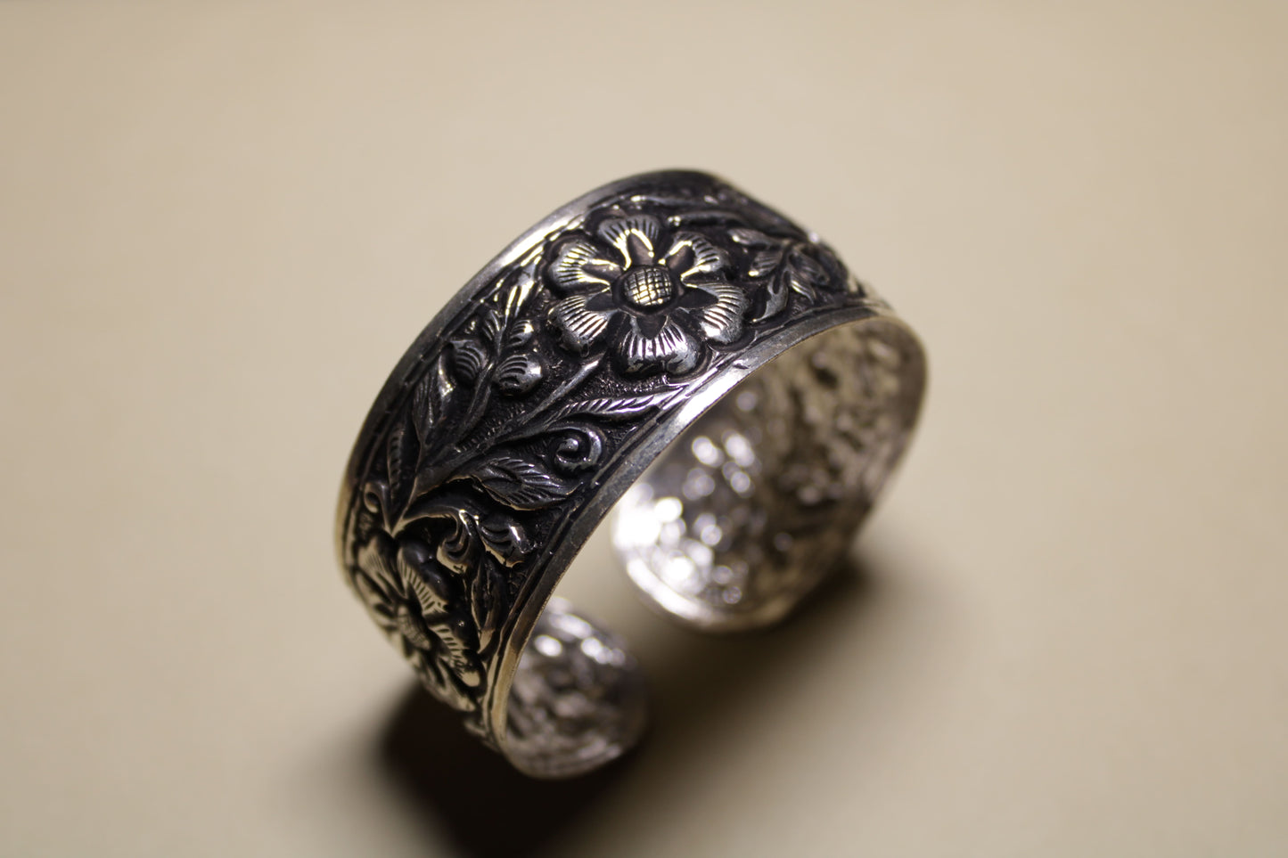 Floral Carved Silver Cuff Bracelet
