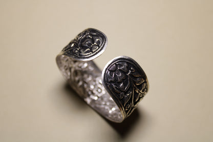 Floral Carved Silver Cuff Bracelet